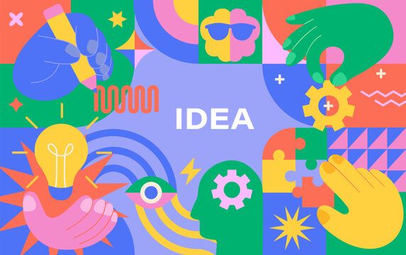 Bright concept of idea, inspiration, creativity, solutions for business or startups. Creative mind, brainstorm, creative idea concept. Vector illustration for web, banner, flyer, social media.