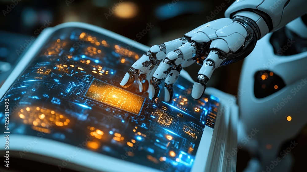 Poster a robotic hand gently touches a computer screen, highlighting human-robot interaction