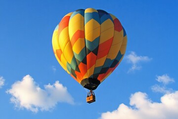 Obraz premium A colorful hot air balloon soaring through a clear blue sky, perfect for adventure and travel themes