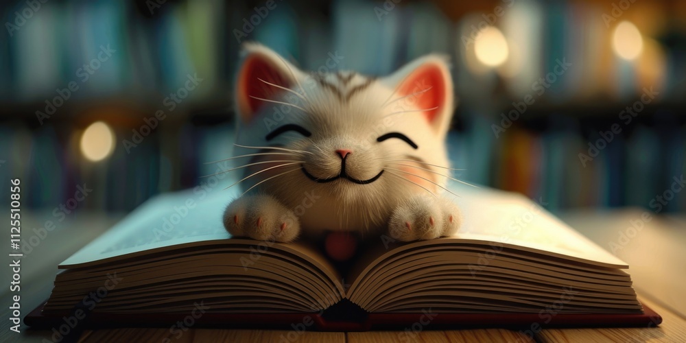 Poster a white cat resting on the pages of an open book, with a calm and curious expression