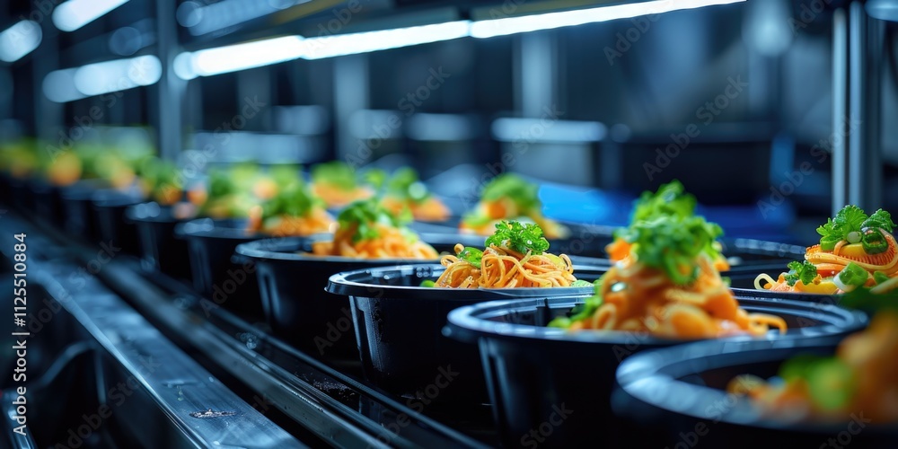 Poster a line of trays with different foods on a moving conveyor belt