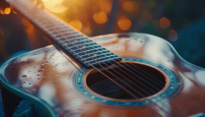 Selective focus of acoustic six string guitar sound hole and Phosphor bronze strings