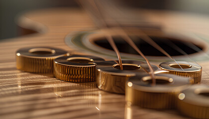 Selective focus of acoustic six string guitar sound hole and Phosphor bronze strings