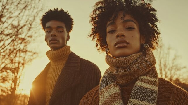 Seasonal fashion editorial: models in Mocha Mousse, Caramel Nude, and Velvet Cocoa tones, cozy knits, and scarves walking in an autumn park during golden hour