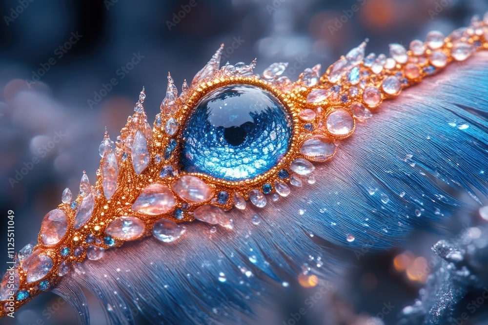 Poster close-up photo of a feather with water droplets on its surface