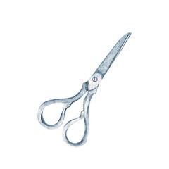 Tailor's steel Scissors. Hand drawn Watercolor illustration of Shears in Vintage style, isolated on white background. Perfect in Craft projects, Sewing and Hobby blogs, Needlework designs.