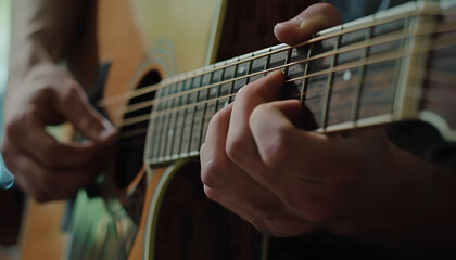 Fototapeta premium Selective focus of acoustic six string guitar sound hole and Phosphor bronze strings
