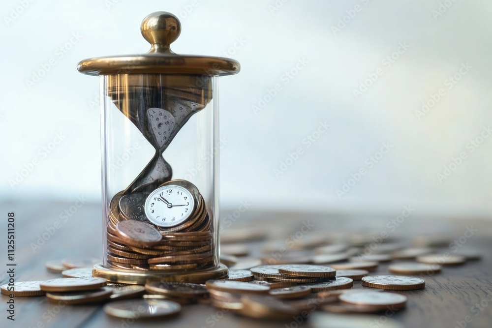 Poster an hourglass filled with coins sits on a wooden table, perfect for use in financial or time-related 