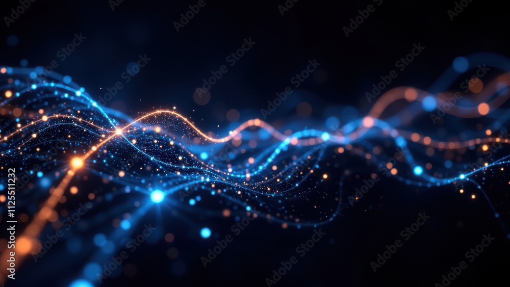Poster dynamic blue and orange digital wave-like graphics with a futuristic rag interface theme.