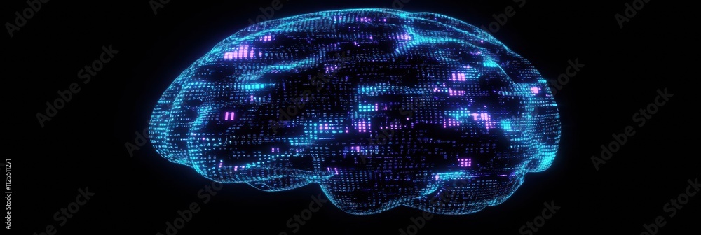 Poster a glowing brain is constructed from digital grids illuminated in blue and purple, showcasing a blend