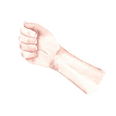 Man Hand in a Fist. Watercolor hand drawn illustration in realistic style isolated on a white background. Design element of arm holding something or prepared for blood donation.