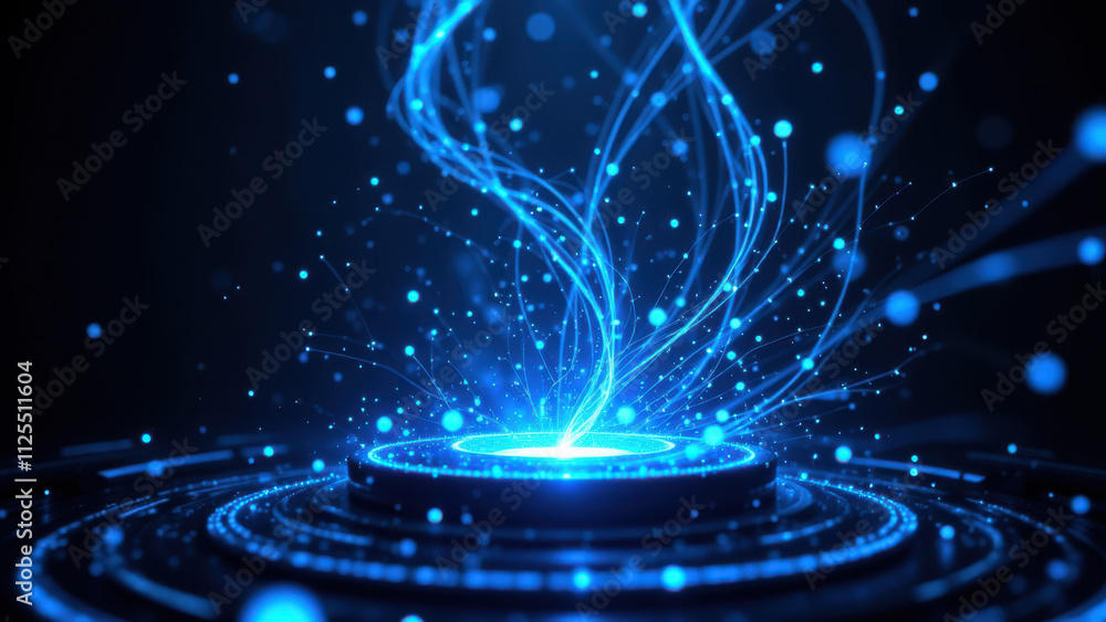 Poster advanced artificial intelligence concept with digital blue glowing particles swirling around a centr