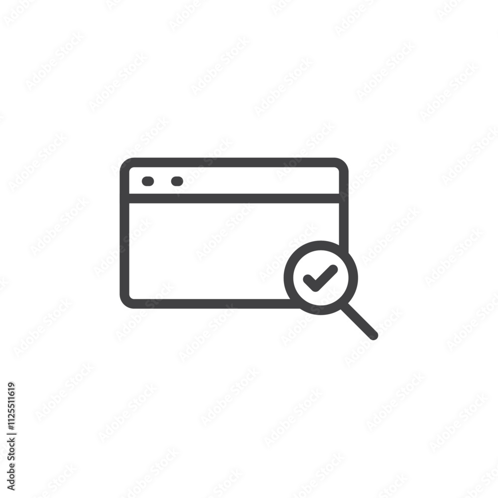 Poster web page with a magnifying glass and check mark icon vector logo outline
