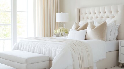 Fototapeta premium Cozy neutral bedroom design with elegant decor and soft lighting