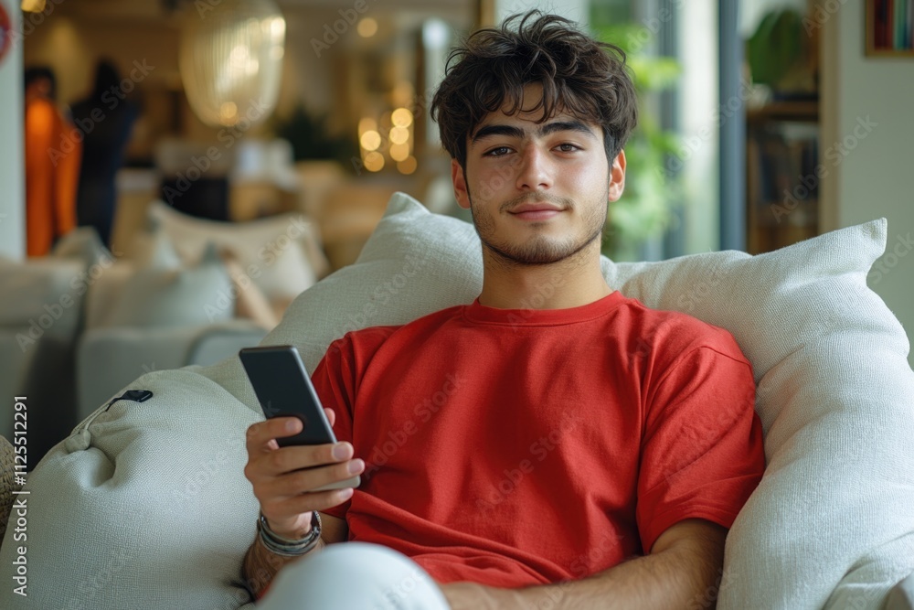 Aufkleber a person sits on a couch holding a cell phone, potentially checking messages or making a call