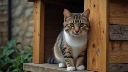 Obraz premium Tabby cat sitting in a wooden outdoor cat house.