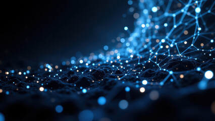 Abstract representation of a neural network with glowing blue dots simulating data processing within a RAG model, showcasing Retrieval Augmented Generation concept.