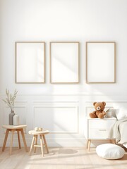 children's room interior, three blank wooden edge frames on white wall, wooden floor, table, bed, bookshelf, teddy bear, scandinavian style design