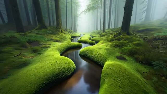 A winding stream flows through a mossy forest, illuminated by a ray of sunlight.