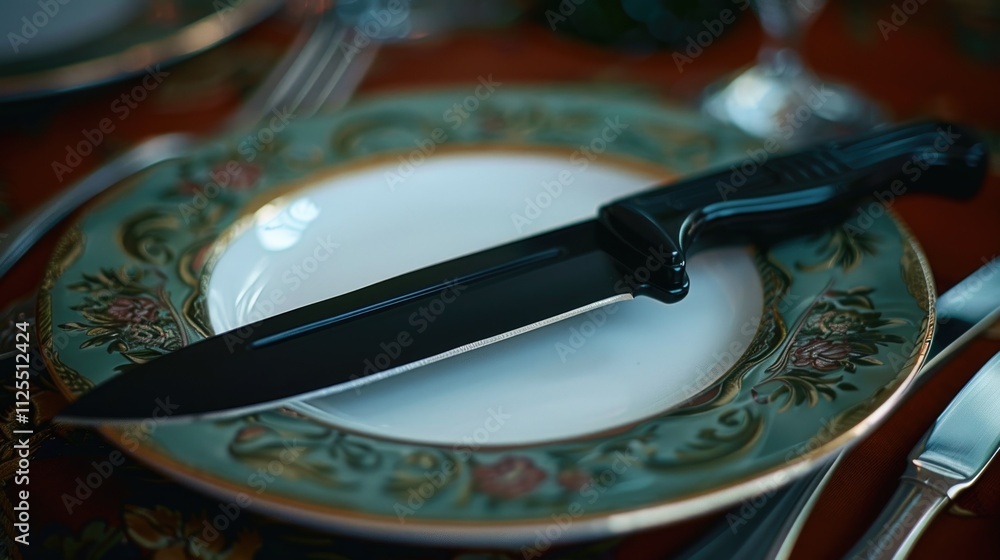 Poster a single knife placed on a plate on a table, ready for use