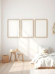children's room interior, three blank wooden edge frames on white wall, wooden floor, table, bed, bookshelf, teddy bear, scandinavian style design