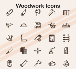 Icons representing woodwork tools and elements like hammers  nails  and saws  ideal for carpentry  construction  and DIY project designs.