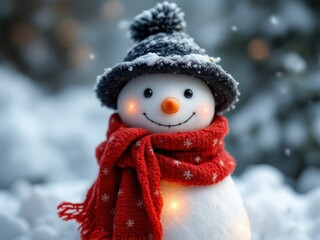 Adorable Snowman in a Black Hat and Red Scarf in Snow, French Winter Charm