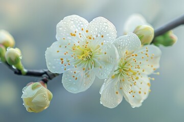 Obraz premium A detailed view of a single flower growing on a branch, ideal for use in designs and compositions where a small floral element is needed