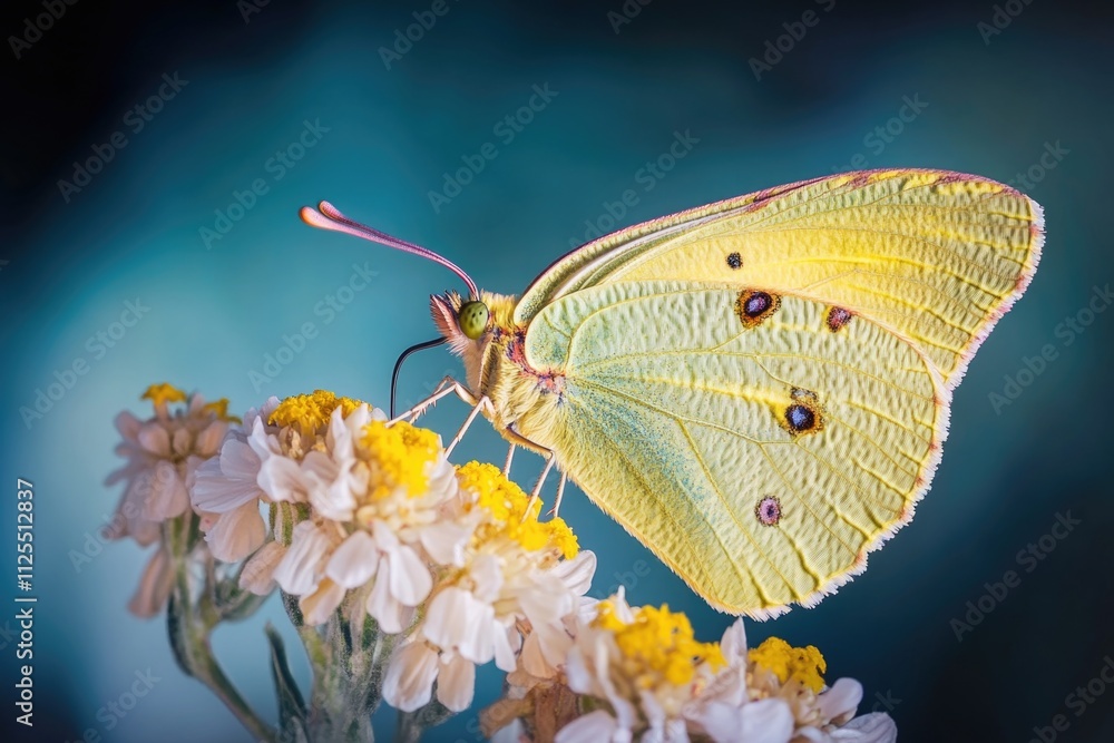 Poster a macro shot of a colorful butterfly perched on a flower, highlighting the delicate details of its w