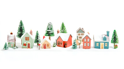 Obraz premium Charming miniature winter village with snow-dusted colorful houses and evergreen trees