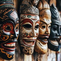 Fototapeta premium Close-up of handcrafted wooden masks with intricate carvings and painted patterns, displayed on a rustic wall