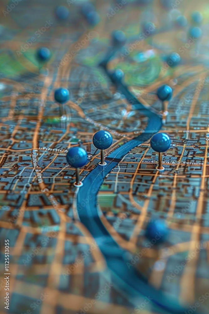 Poster a detailed view of a map with various pins marking different locations