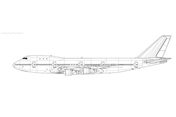 Boeing 747-100. Vector drawing of wide-body jet airliner. Side view. Image for illustration and infographics.