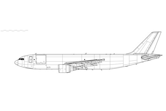 Airbus A300-600F Freighter. Vector drawing of cargo aircraft. Side view. Image for illustration and infographics.