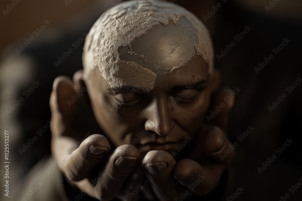 Poster close-up of a statue of a man with his hands over his face, suitable for use in scenes depicting sad