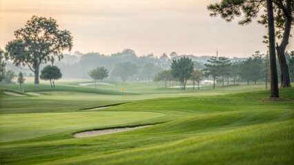 Obraz premium blurred view golf course green grass, putt stroke cup