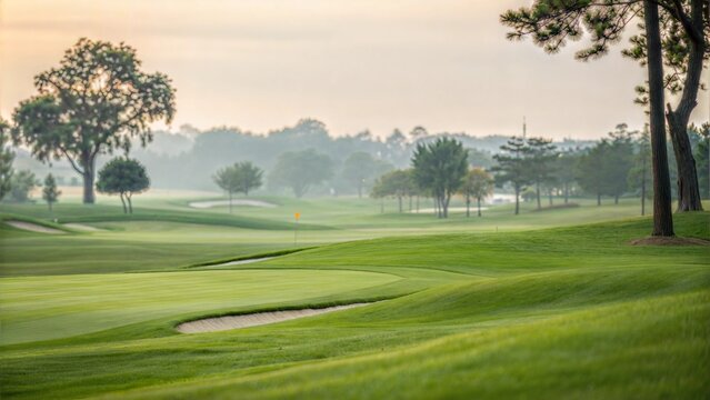 blurred view golf course green grass, putt stroke cup