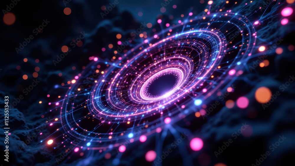 Poster stunning 3d rag illustration with a glowing galaxy center, surrounded by vibrant nebula-like structu