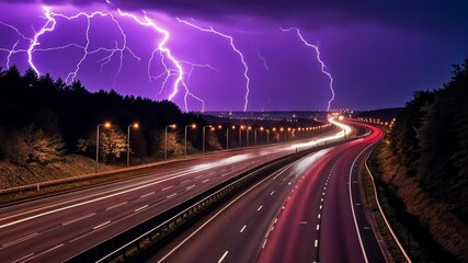 Traffic in Motion A vibrant view of highway traffic lit by streaks of neon red and white as cars speed by. Intermittent glitch effects create a fragmentation of lights resembling
