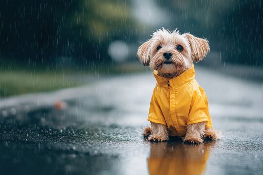 A cheerful small dog wearing a bright yellow raincoat is sitting on a wet sidewalk during light rain, surrounded by nature. Generative AI