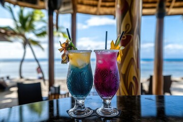 Two empty cocktail glasses placed on a table, ready for drinks