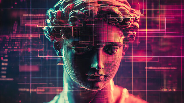Futuristic digital art of classical statue with neon grid overlay - Powered by Adobe