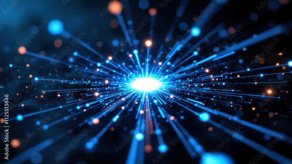 Poster Abstract digital rendering with central focus on a bright blue starburst, indicative of RAG (Retrieval Augmented Generation) technology or computational process.