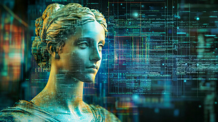 Digital transformation: classical statue with futuristic digital interface