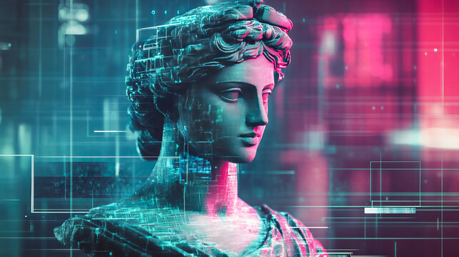 Futuristic digital art of classical sculpture with neon glitch effects