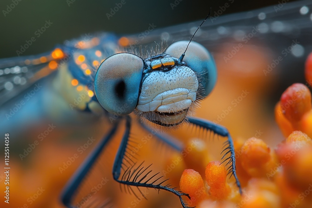 Poster a close-up view of a dragonfly's head and eyes, featuring intricate details and colors
