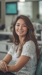 A young woman with long, wavy hair sits comfortably at her desk in a contemporary office. She smiles happily while engaging with her surroundings during a bright day