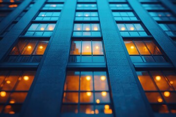 Nighttime cityscape with a tall building featuring many lit up windows, great for urban and modern scenes