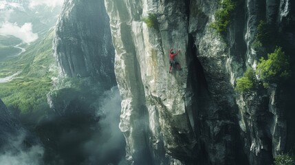 Climber scaling sheer rock face in dramatic mountain landscape.