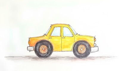 Fototapeta premium The image depicts a hand-drawn illustration of a vibrant yellow car. The design has a whimsical and cartoonish style, with exaggerated features such as oversized wheels and bold outlines. The car’s bo